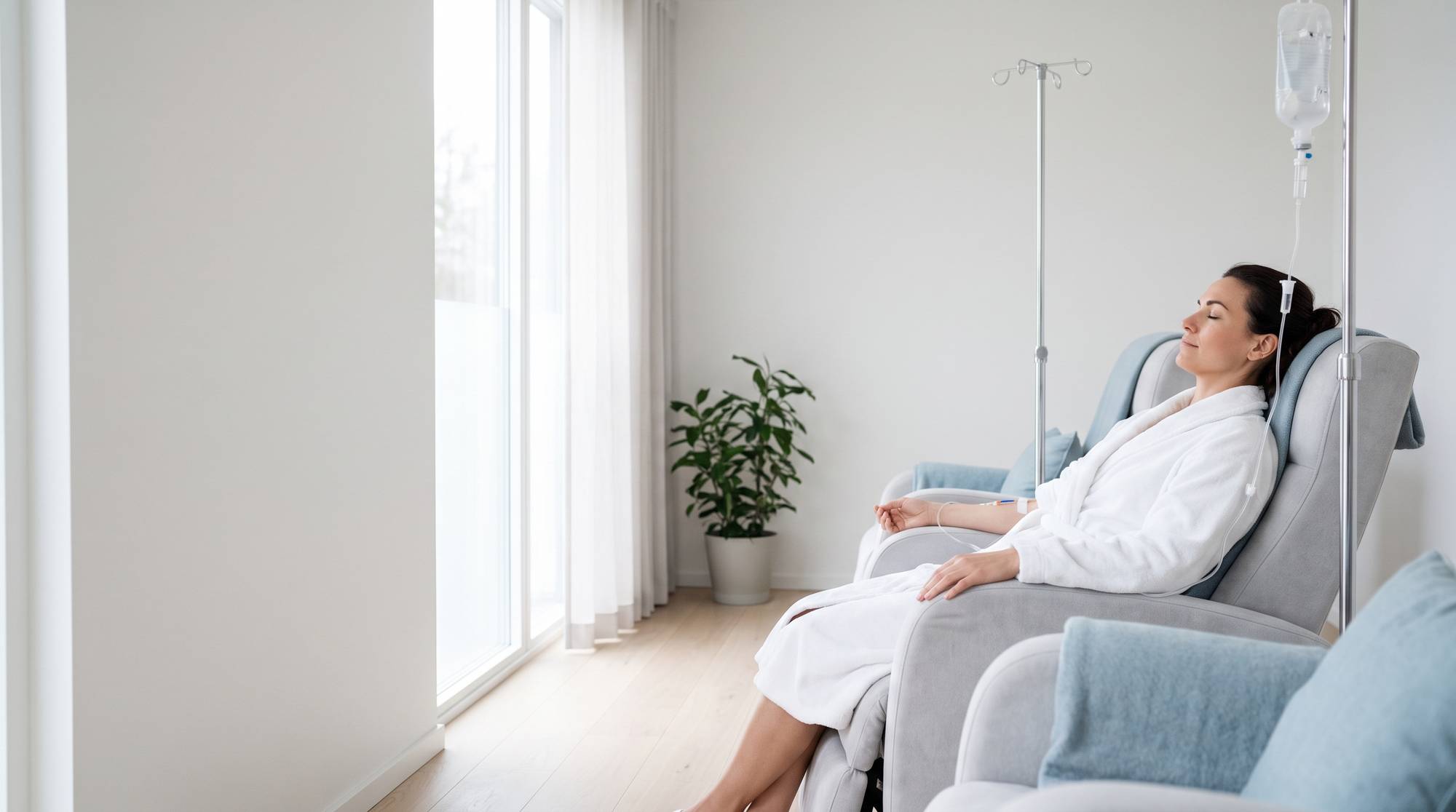 Пациентка отдыхает в кресле во время капельницы в клинике Clean Clinic Nord